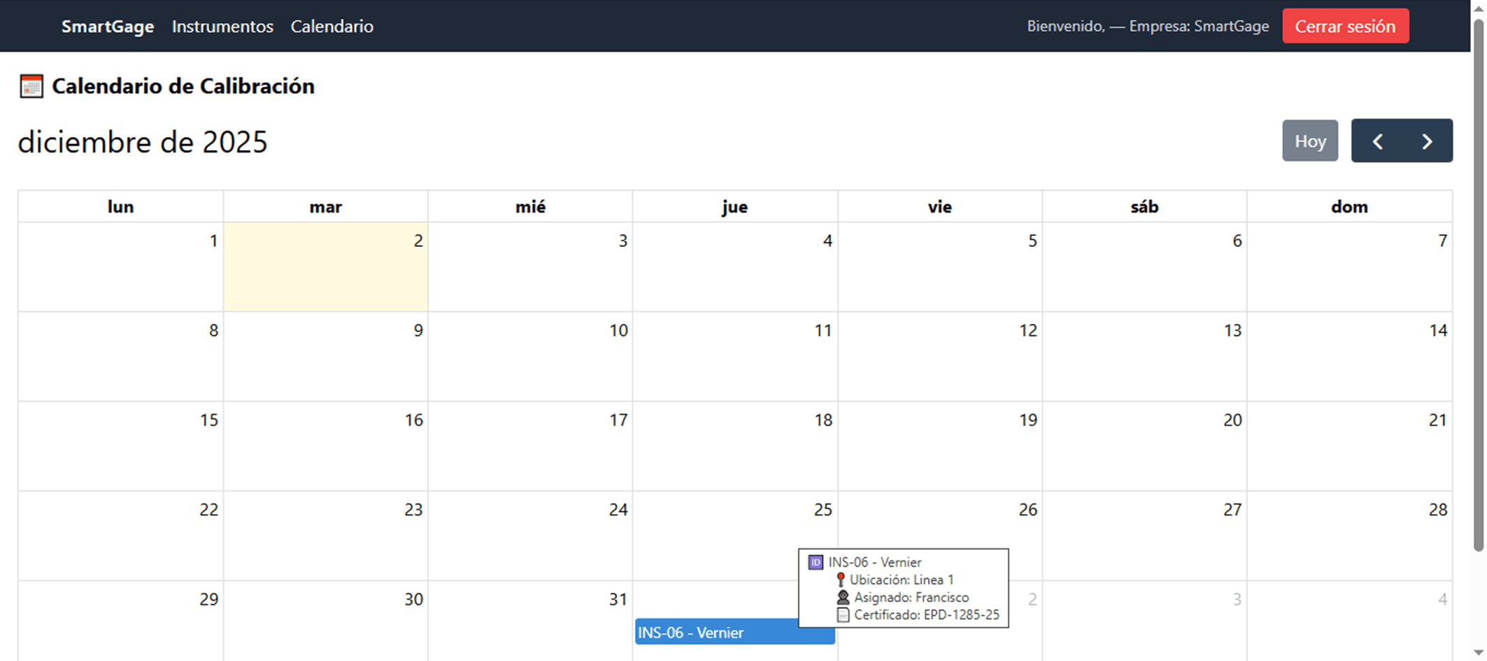 Calendario de calibraciones